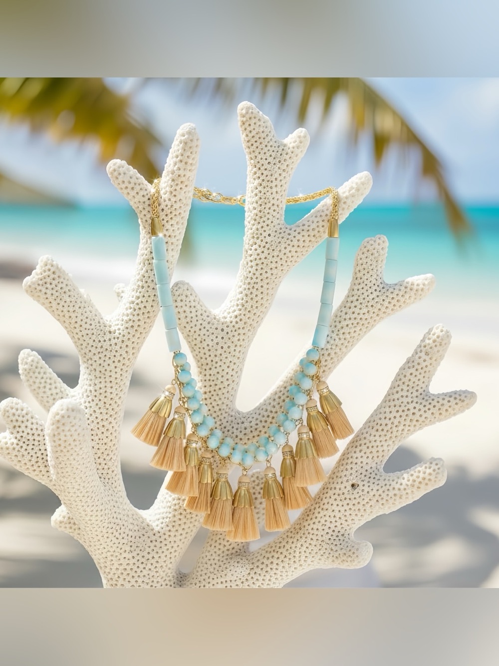 Spartina 449 18 Inch Raffia Gold-Accented “Sea Foam” Beaded Tassel Necklace